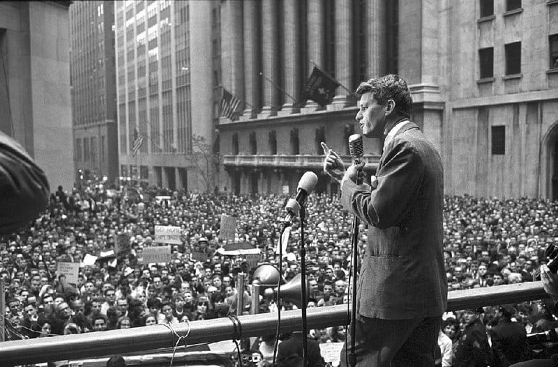 Robert Kennedy addressing a crowd in New York City.
