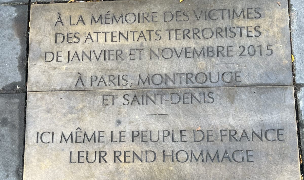 A memorial plaque to the Paris terror victims.