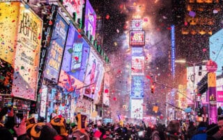 Crowds celebrate New Year's Eve in New York City.