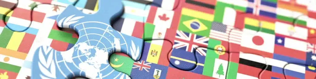 Various puzzle pieces representing the United Nations flag and flags of other nations.