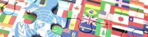 Various puzzle pieces representing the United Nations flag and flags of other nations.