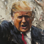Donald Trump depicted in an oil painting with right arm raised to a crowd
