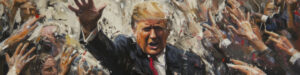 Donald Trump depicted in an oil painting with right arm raised to a crowd