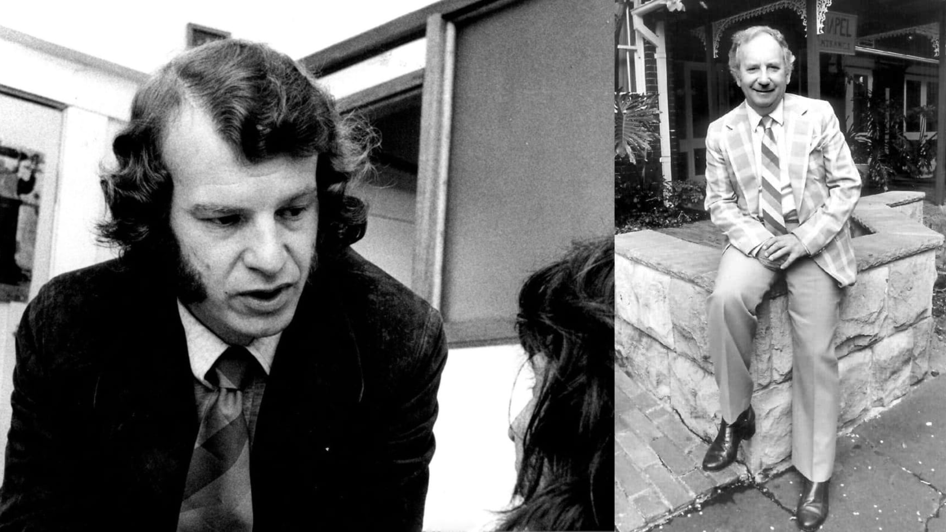 (Left) A young Rev. Bill Crews speaks to a guest at the Wayside Chapel. (Right) A young Ted Noffs sits on the wall outside the Wayside Chapel.